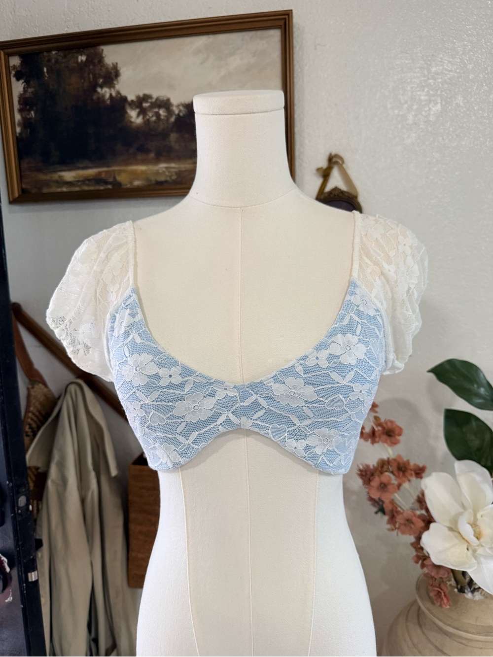 Frankie's Bikinis Light Blue and White Lace Flutter Bralette
